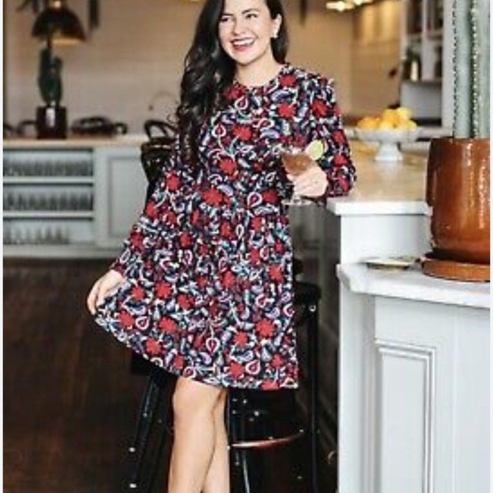 Draper James Red and White Ruffled Tiered Long Sleeve Dress